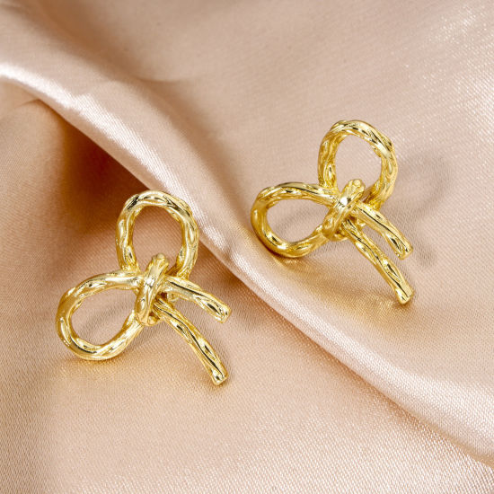 Picture of Eco-friendly Stylish Ins Style Real Gold Plated Brass Bowknot Ear Post Stud Earrings For Women Party