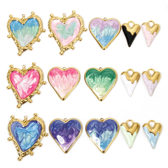 Picture of Vacuum Plating 304 Stainless Steel Valentine's Day Pendants Gold Plated Multicolor Heart Enamel