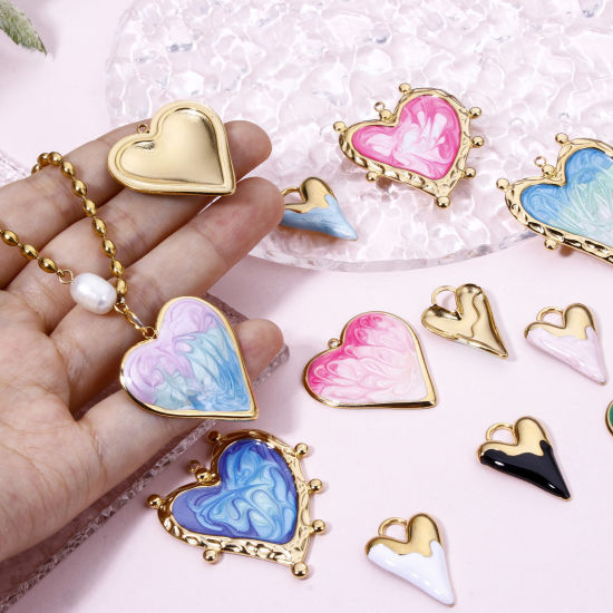 Picture of Vacuum Plating 304 Stainless Steel Valentine's Day Pendants Gold Plated Multicolor Heart Enamel