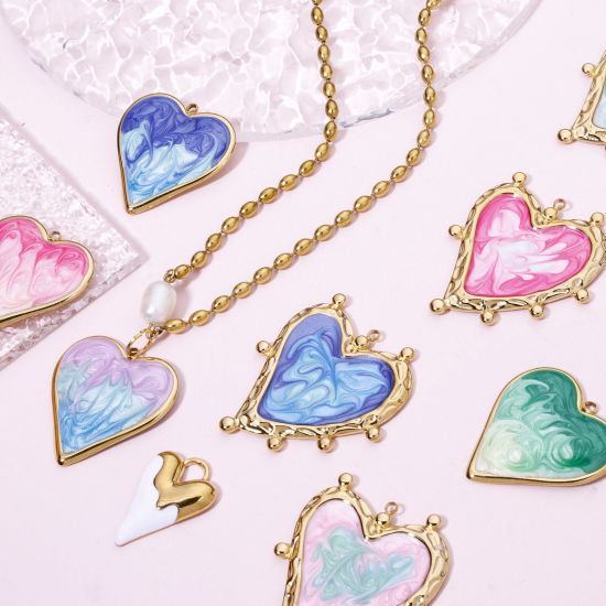 Picture of Vacuum Plating 304 Stainless Steel Valentine's Day Pendants Gold Plated Multicolor Heart Enamel