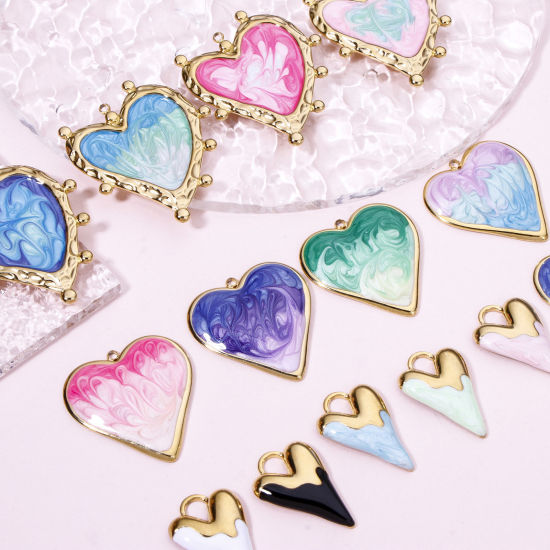 Picture of Vacuum Plating 304 Stainless Steel Valentine's Day Pendants Gold Plated Multicolor Heart Enamel
