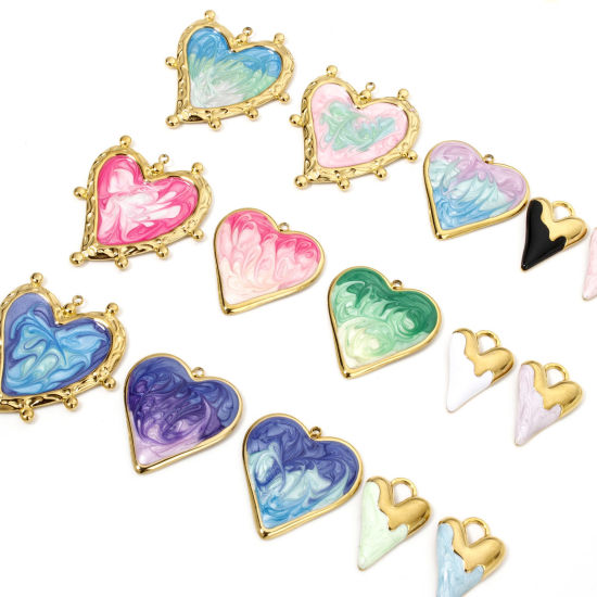 Picture of Vacuum Plating 304 Stainless Steel Valentine's Day Pendants Gold Plated Multicolor Heart Enamel