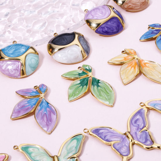 Picture of Vacuum Plating 304 Stainless Steel Retro Pendants Gold Plated Multicolor Gradient Color Butterfly Animal Enamel