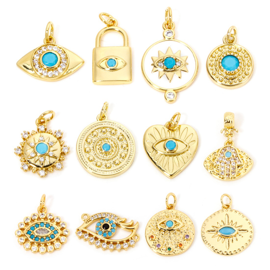 Image de 1 Pièce Breloques en Laiton Respectueux de la Nature Rond Plaqué Or Véritable 18K Oeil de la Providence/ Oeil Qui Voit Tout à Zircone Cubique Bleu