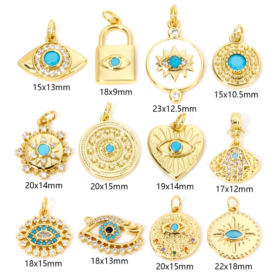 Image de 1 Pièce Breloques en Laiton Respectueux de la Nature Rond Plaqué Or Véritable 18K Oeil de la Providence/ Oeil Qui Voit Tout à Zircone Cubique Bleu