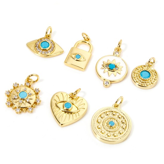 Image de 1 Pièce Breloques en Laiton Respectueux de la Nature Rond Plaqué Or Véritable 18K Oeil de la Providence/ Oeil Qui Voit Tout à Zircone Cubique Bleu