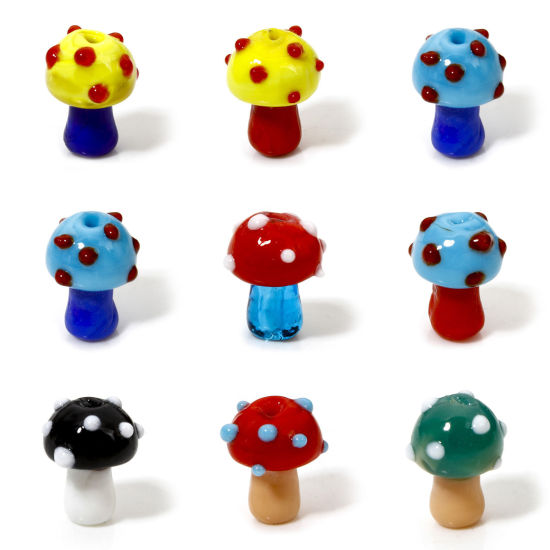 Picture of Lampwork Glass Flora Collection Beads For DIY Jewelry Making Mushroom Dot 3D About 16mm x 12mm, Hole: Approx 1.4mm