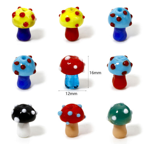 Picture of Lampwork Glass Flora Collection Beads For DIY Jewelry Making Mushroom Dot 3D About 16mm x 12mm, Hole: Approx 1.4mm