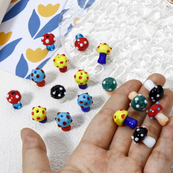 Picture of Lampwork Glass Flora Collection Beads For DIY Jewelry Making Mushroom Dot 3D About 16mm x 12mm, Hole: Approx 1.4mm