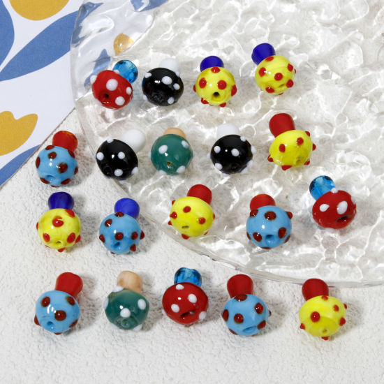 Picture of Lampwork Glass Flora Collection Beads For DIY Jewelry Making Mushroom Dot 3D About 16mm x 12mm, Hole: Approx 1.4mm