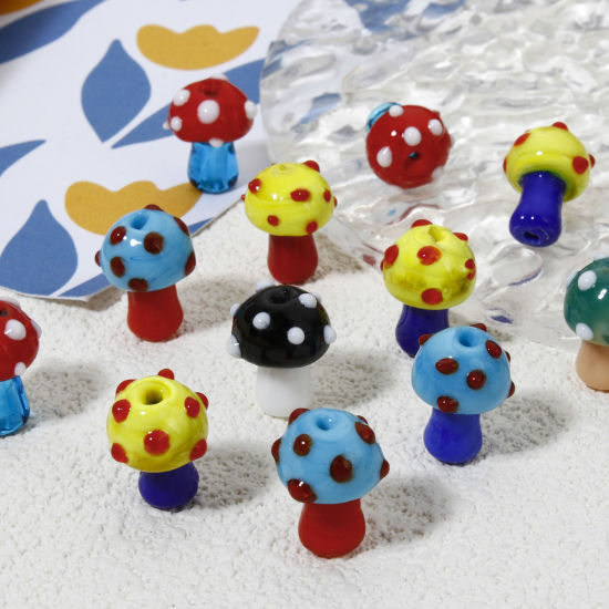 Picture of Lampwork Glass Flora Collection Beads For DIY Jewelry Making Mushroom Dot 3D About 16mm x 12mm, Hole: Approx 1.4mm