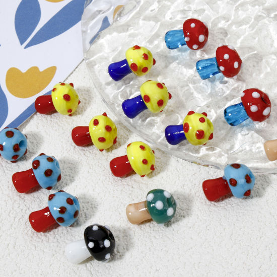 Picture of Lampwork Glass Flora Collection Beads For DIY Jewelry Making Mushroom Dot 3D About 16mm x 12mm, Hole: Approx 1.4mm