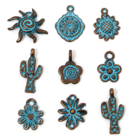 Picture of Zinc Based Alloy Charms Antique Copper Blue Patina Finish Verdigris Effect Flower Sun