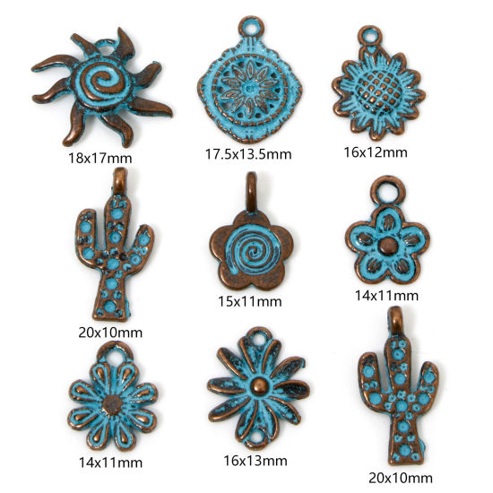 Picture of Zinc Based Alloy Charms Antique Copper Blue Flower Sun Patina