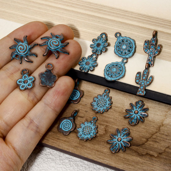 Picture of Zinc Based Alloy Charms Antique Copper Blue Flower Sun Patina