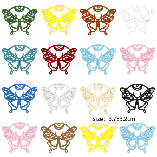 Picture of Iron Based Alloy Filigree Stamping Pendants Multicolor Butterfly Animal Hollow 3.7cm x 3.2cm