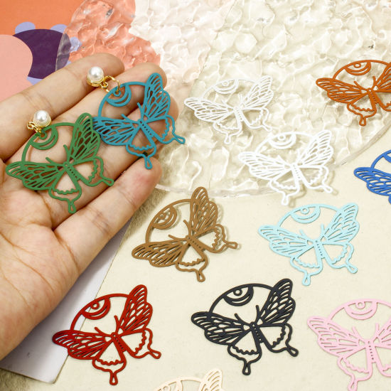 Picture of Iron Based Alloy Filigree Stamping Pendants Multicolor Butterfly Animal Hollow 3.7cm x 3.2cm