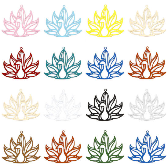 Immagine di 10 Pz Lega di Ferro Filigree Stamping Ciondoli Pendenti Multicolore Pavone Filigrana 4cm x 3.5cm