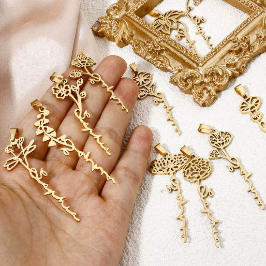 Изображение 1 ШТ вакуумное покрытие 201 Нержавеющая Сталь Месяц рождения цветок Подвески Позолоченный ажурная резьба