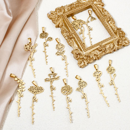 Изображение 1 ШТ вакуумное покрытие 201 Нержавеющая Сталь Месяц рождения цветок Подвески Позолоченный ажурная резьба