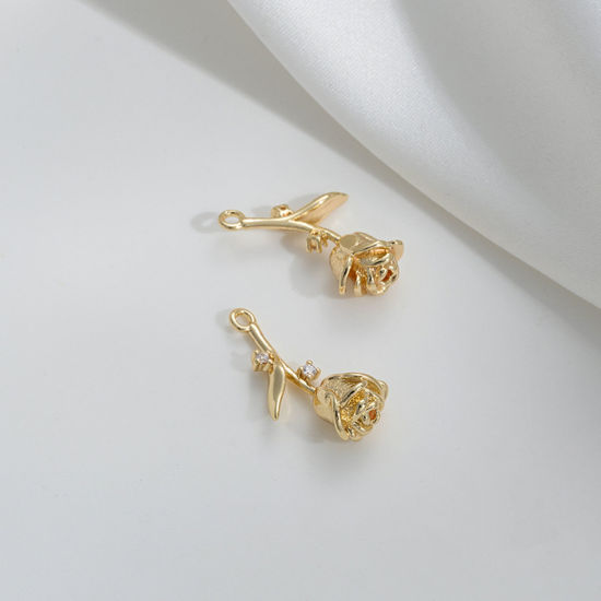 1 個 エコフレンドリー 真鍮 チャーム リボン 14K ゴールドメッキ 花 クリアジルコン の画像