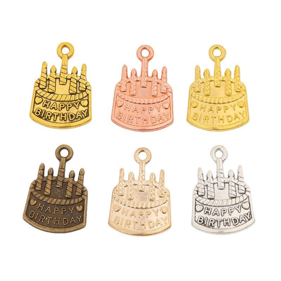 Bild von 50 Stück Zinklegierung Charms Bunt Kuchen Kerze Message " HAPPY BIRTHDAY " 22mm x 15mm