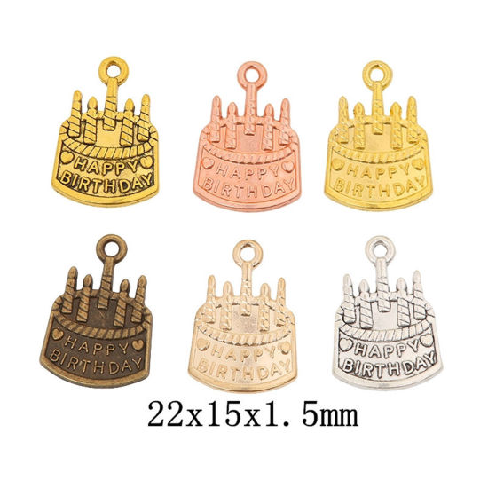 Bild von 50 Stück Zinklegierung Charms Bunt Kuchen Kerze Message " HAPPY BIRTHDAY " 22mm x 15mm