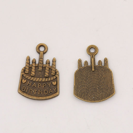 Bild von 50 Stück Zinklegierung Charms Bunt Kuchen Kerze Message " HAPPY BIRTHDAY " 22mm x 15mm