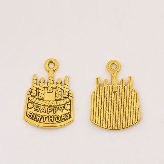 Bild von 50 Stück Zinklegierung Charms Bunt Kuchen Kerze Message " HAPPY BIRTHDAY " 22mm x 15mm