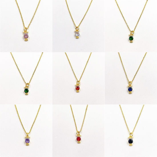 Picture of Eco-friendly Exquisite Birthstone 18K Gold Plated Multicolor Brass & Cubic Zirconia Link Cable Chain Owl Animal Micro Pave Pendant Necklace For Women Party