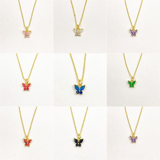 Picture of Eco-friendly Exquisite Insect 18K Gold Plated Multicolor Brass & Cubic Zirconia Link Cable Chain Butterfly Animal Micro Pave Pendant Necklace For Women Party