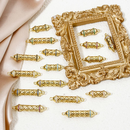 Picture of Eco-friendly Brass Connectors Charms Pendants Cylinder 18K Real Gold Plated Hollow Multicolour Cubic Zirconia