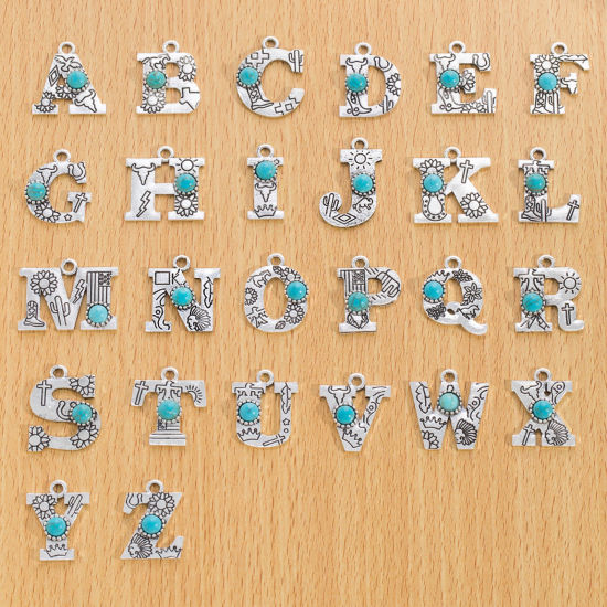 Picture of Zinc Based Alloy Boho Chic Bohemia Charms Antique Silver Color Capital Alphabet/ Letter With Resin Cabochons Imitation Turquoise