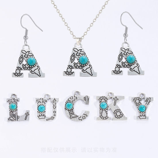 Picture of Zinc Based Alloy Boho Chic Bohemia Charms Antique Silver Color Capital Alphabet/ Letter With Resin Cabochons Imitation Turquoise