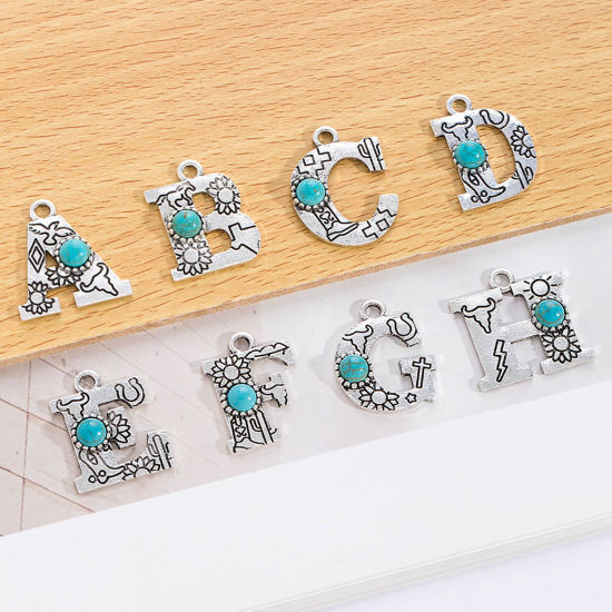 Picture of Zinc Based Alloy Boho Chic Bohemia Charms Antique Silver Color Capital Alphabet/ Letter With Resin Cabochons Imitation Turquoise