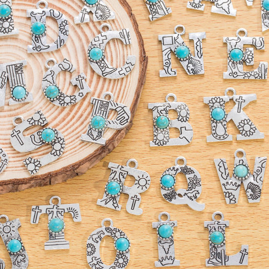 Picture of Zinc Based Alloy Boho Chic Bohemia Charms Antique Silver Color Capital Alphabet/ Letter With Resin Cabochons Imitation Turquoise