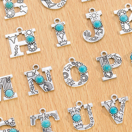 Picture of Zinc Based Alloy Boho Chic Bohemia Charms Antique Silver Color Capital Alphabet/ Letter With Resin Cabochons Imitation Turquoise