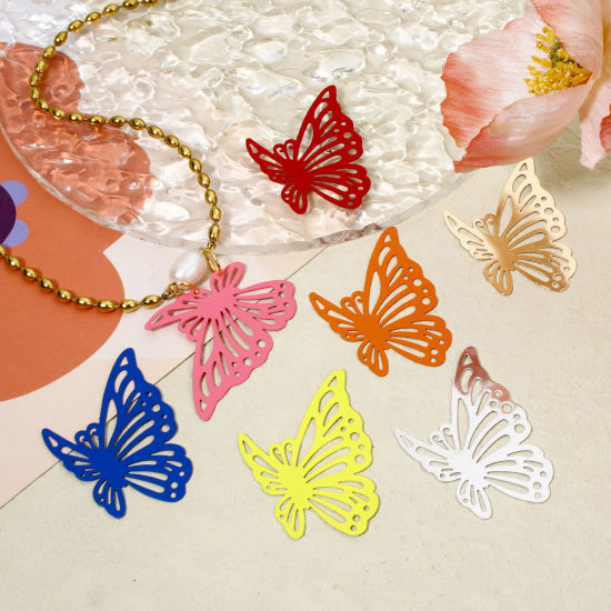 Picture of Iron Based Alloy Filigree Stamping Connectors Charms Pendants Multicolor Butterfly Animal Insect Hollow 4.3cm x 3cm