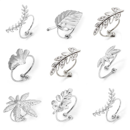 304 Stainless Steel Open Adjustable Rings Silver Tone Leaf 17.7mm(US Size 7.5)