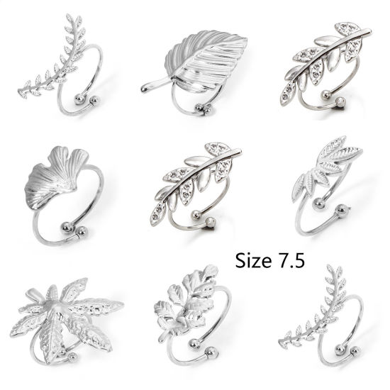 Picture of 304 Stainless Steel Open Adjustable Rings Silver Tone Leaf 17.7mm(US Size 7.5)