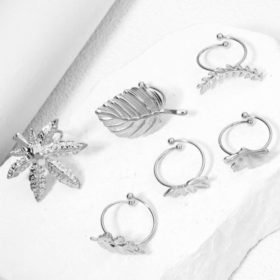 Picture of 304 Stainless Steel Open Adjustable Rings Silver Tone Leaf 17.7mm(US Size 7.5)