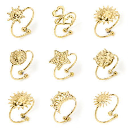 Vacuum Plating 304 Stainless Steel Open Adjustable Rings 18K Gold Plated Sun 17.7mm(US Size 7.5)