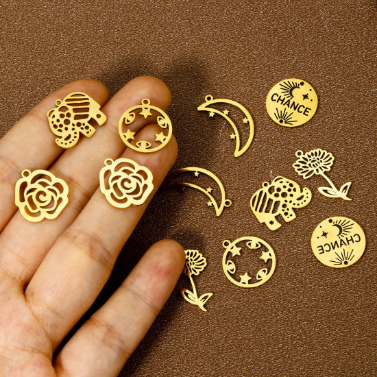 Imagen de 2 Unidades Enchapado al Vacío 304 Acero Inoxidable Elegante Colgantes Flor Hoja Chapado en Oro Hueco