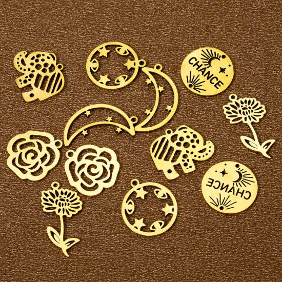 Imagen de 2 Unidades Enchapado al Vacío 304 Acero Inoxidable Elegante Colgantes Flor Hoja Chapado en Oro Hueco