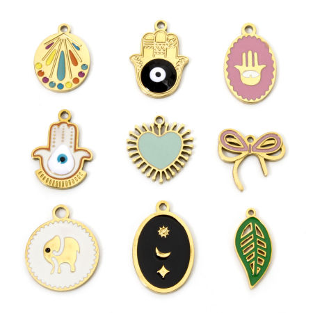 Picture of Vacuum Plating 304 Stainless Steel Religious Charms Gold Plated Multicolor Hamsa Symbol Hand Eye Enamel