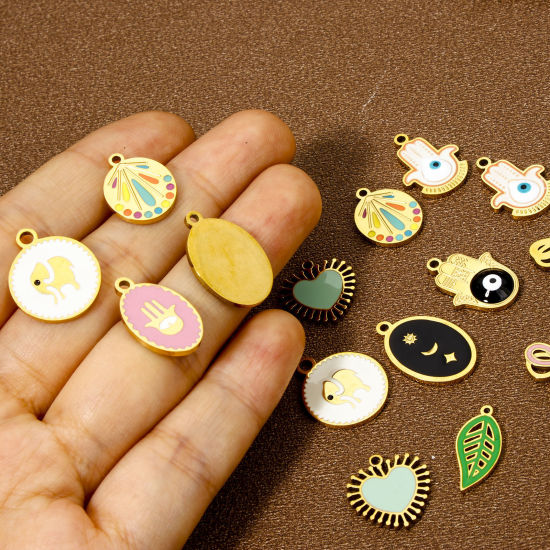 Immagine di 2 Pz Placcatura Sottovuoto 304 Acciaio Inossidabile Religione Ciondoli Palmo Oro Placcato Multicolore Occhi Smalto