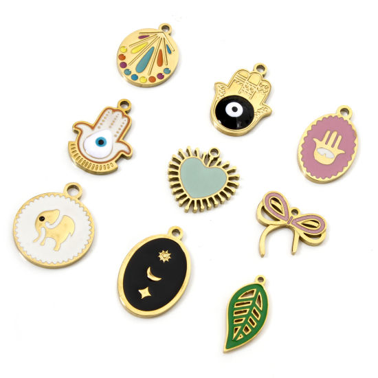 Immagine di 2 Pz Placcatura Sottovuoto 304 Acciaio Inossidabile Religione Ciondoli Palmo Oro Placcato Multicolore Occhi Smalto