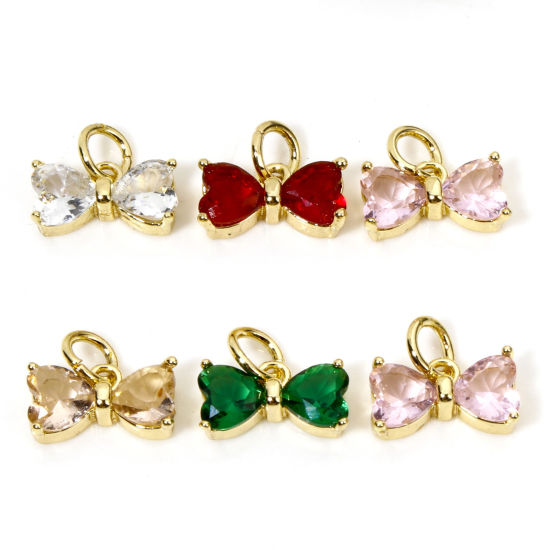 Image de 2 Pcs Breloques Vêtements en Laiton & Verre Plaqué Or Véritable Multicolore Nœuds Papillon 11mm x 10mm