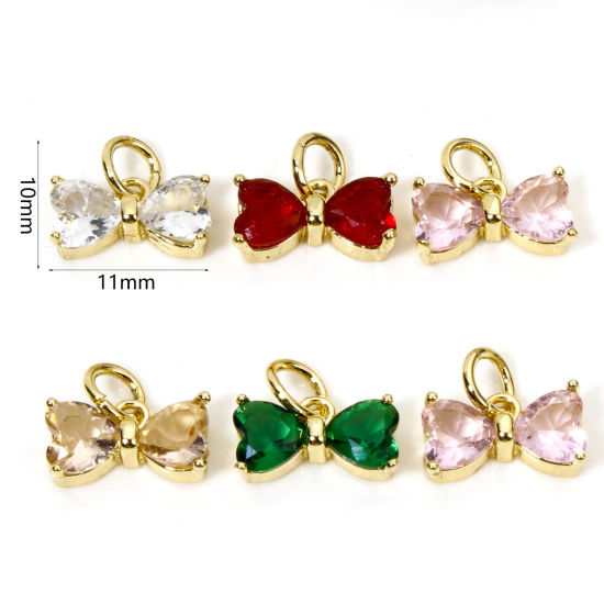 Image de 2 Pcs Breloques Vêtements en Laiton & Verre Plaqué Or Véritable Multicolore Nœuds Papillon 11mm x 10mm