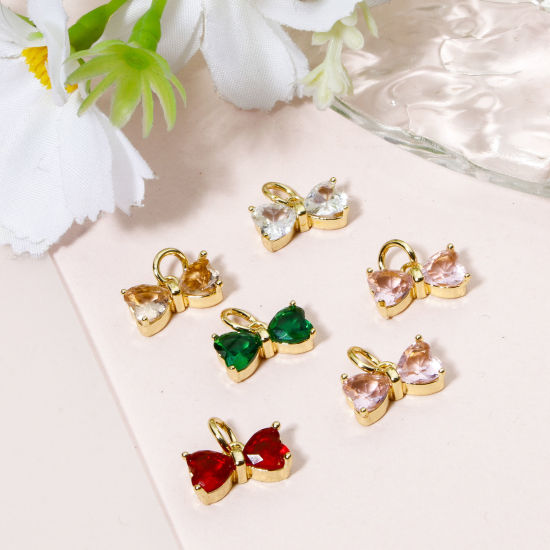 Image de 2 Pcs Breloques Vêtements en Laiton & Verre Plaqué Or Véritable Multicolore Nœuds Papillon 11mm x 10mm